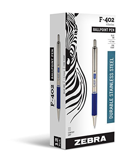 Zebra Pen F-402 Retractable Ballpoint Pen, Stainless Steel Barrel, Fine Point, 0.7mm, Blue Ink, 12-Pack