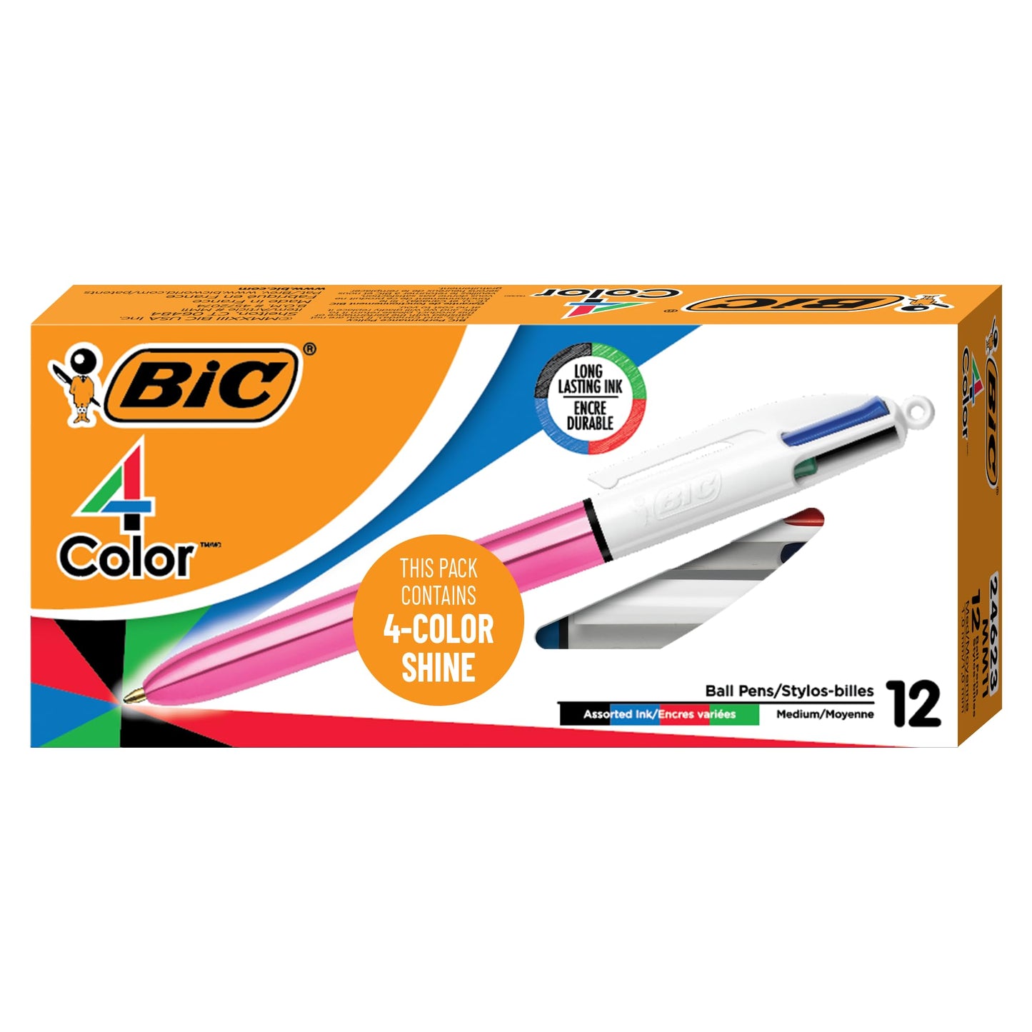 BIC 4-Color Shine Retractable Ball Pens, Medium Point (1.0mm), 12-Count Pack