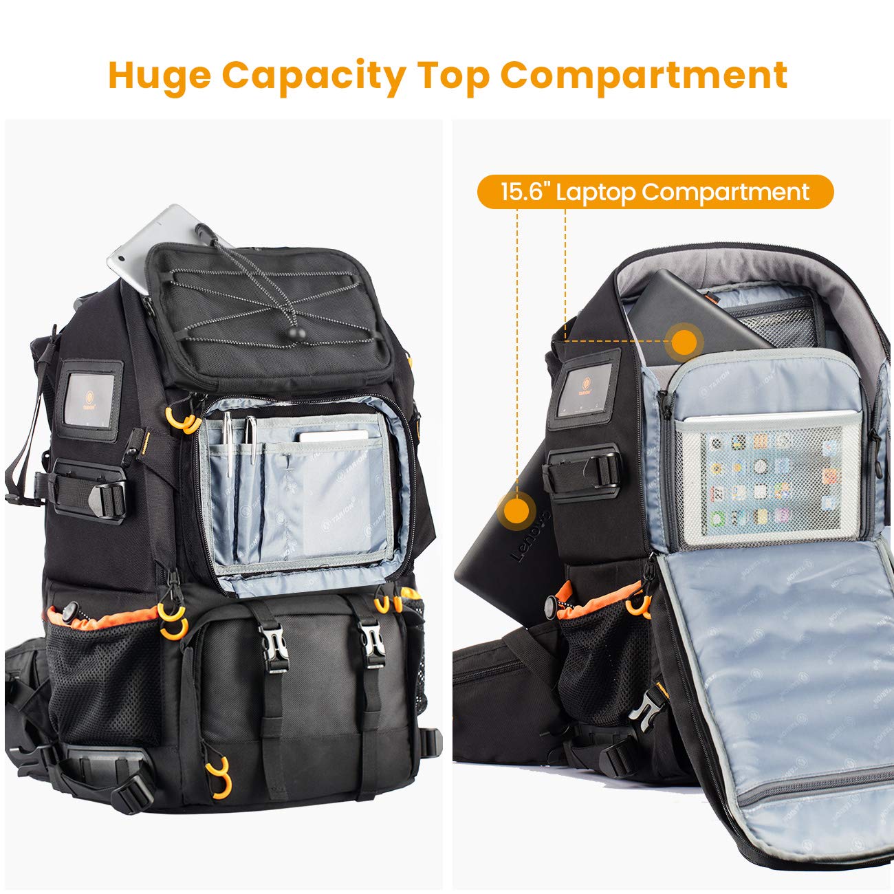 TARION Pro 2 Bags in 1 Camera Backpack Large with 15.6" Laptop Compartment Waterproof Rain Cover Extra Large Travel Hiking Camera Backpack DSLR Bag